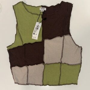 NWT Garage Patchwork Ribbed Crop Top - Brown, Green, Cream